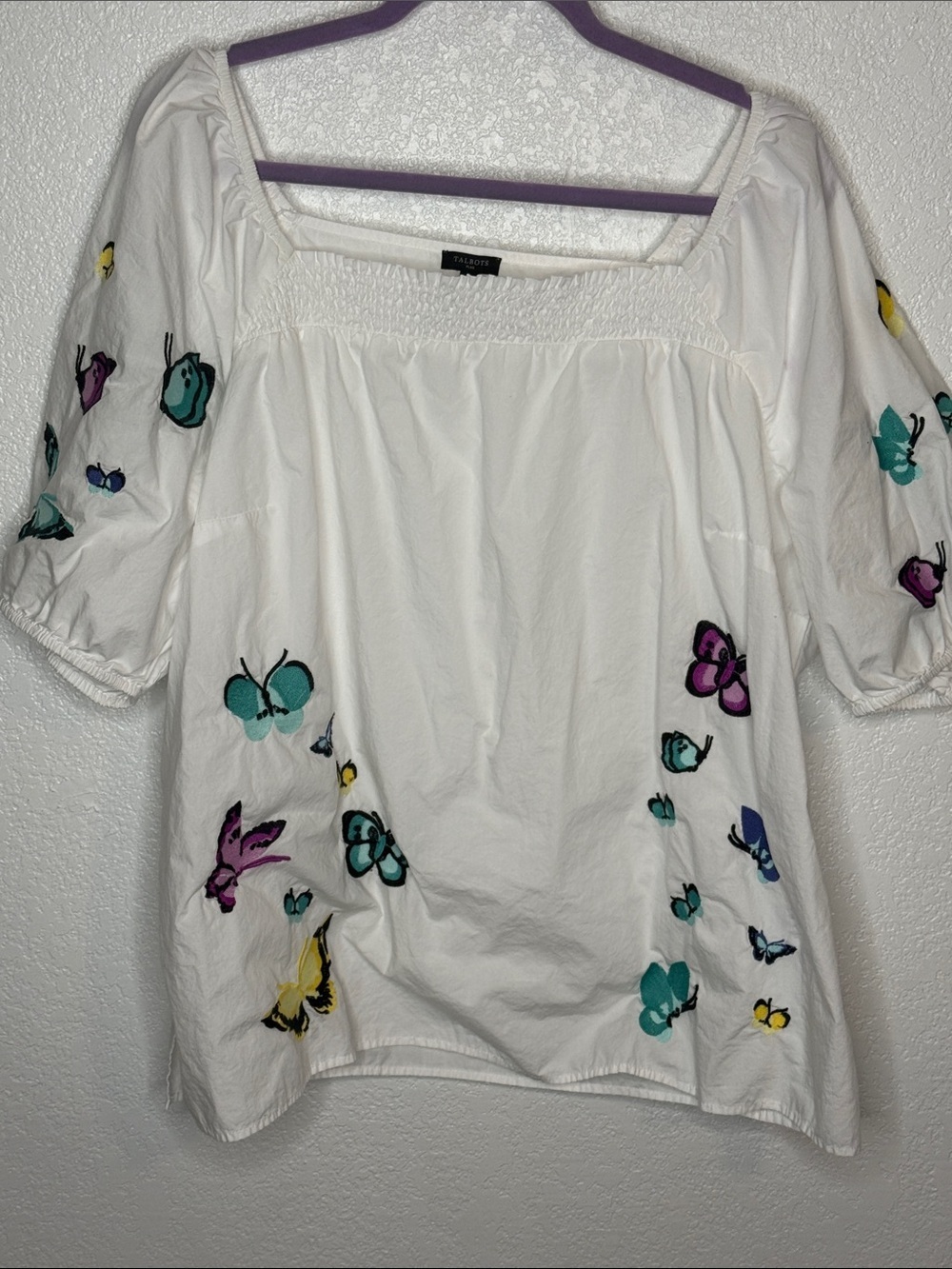 Talbots White Embroidered Butterfly Peasant Top Size 2X